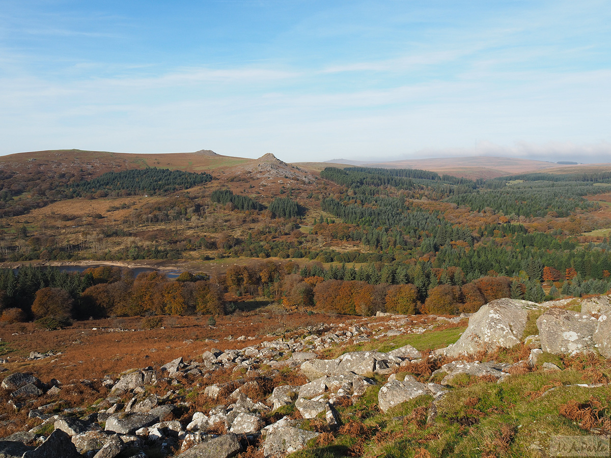 From higher up on Sheeps Tor, view north across Burrator Reservoir to Leather Tor