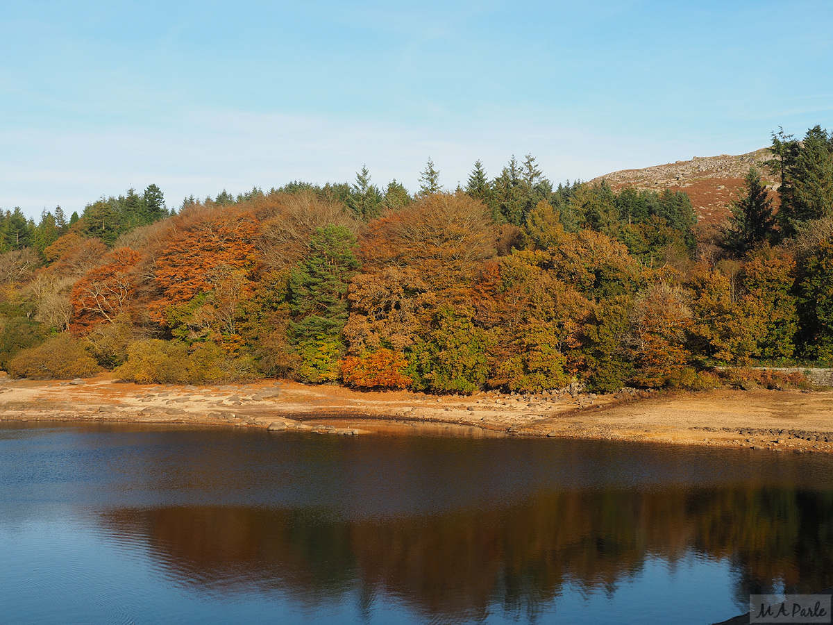 Burrator Reservoir at Sheepstor Dam, with the lower slopes of Sheeps Tor