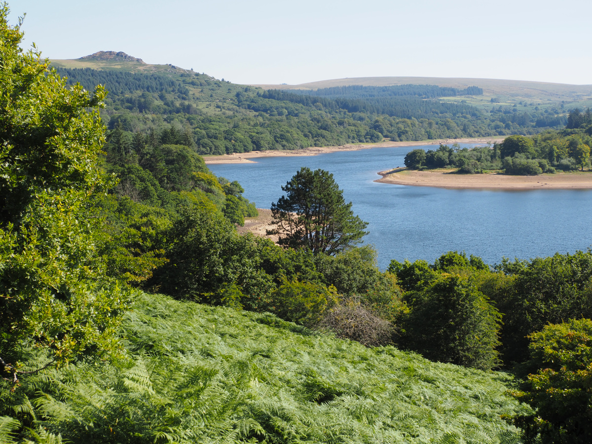 A view of the low water line of Burrator Reservoir from 
	the disused railway track